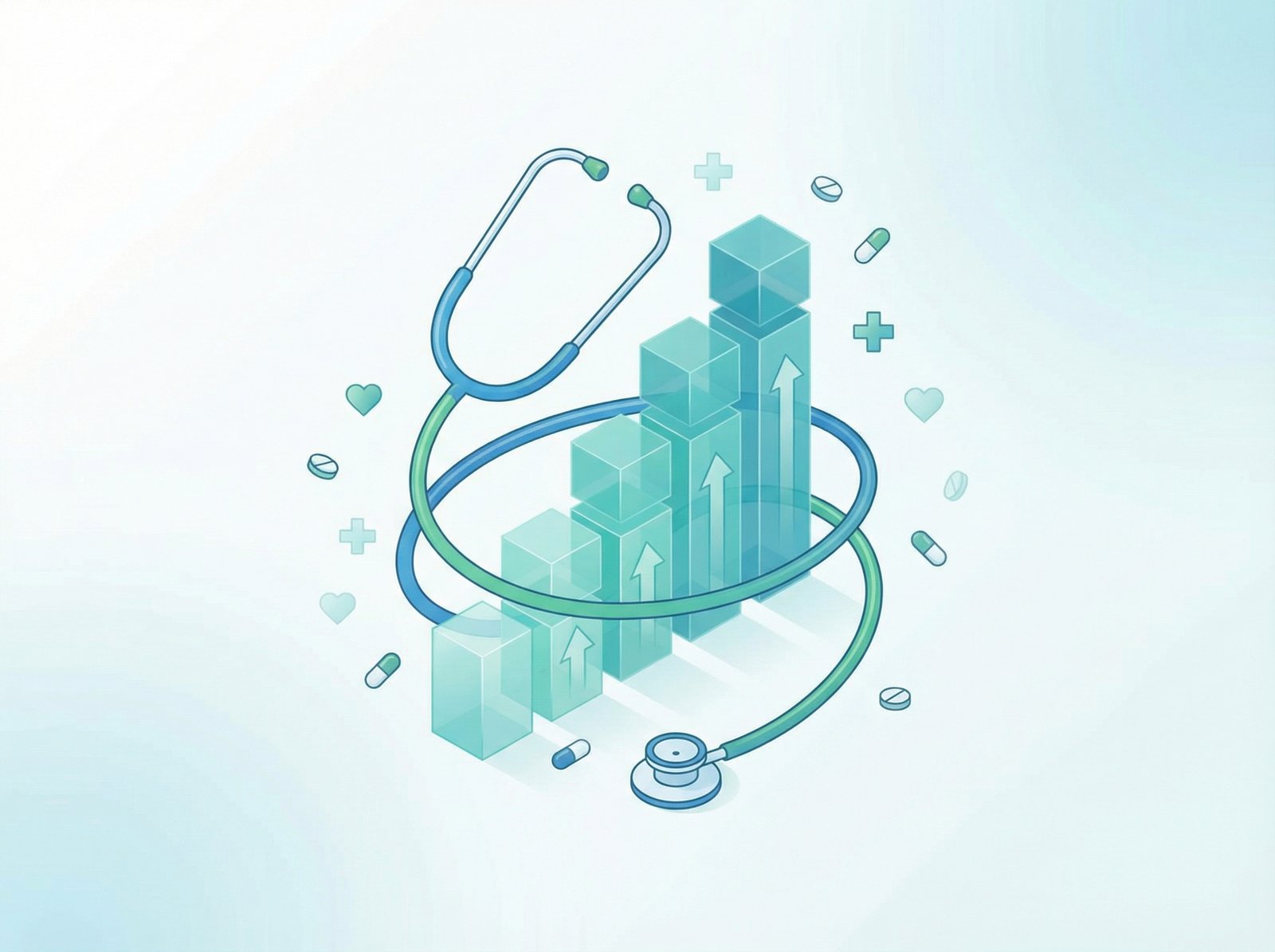 A conceptual illustration of medical growth, a stethoscope wrapping around a rising bar graph, stylized pills and health symbols, clean white and teal background, 4:3