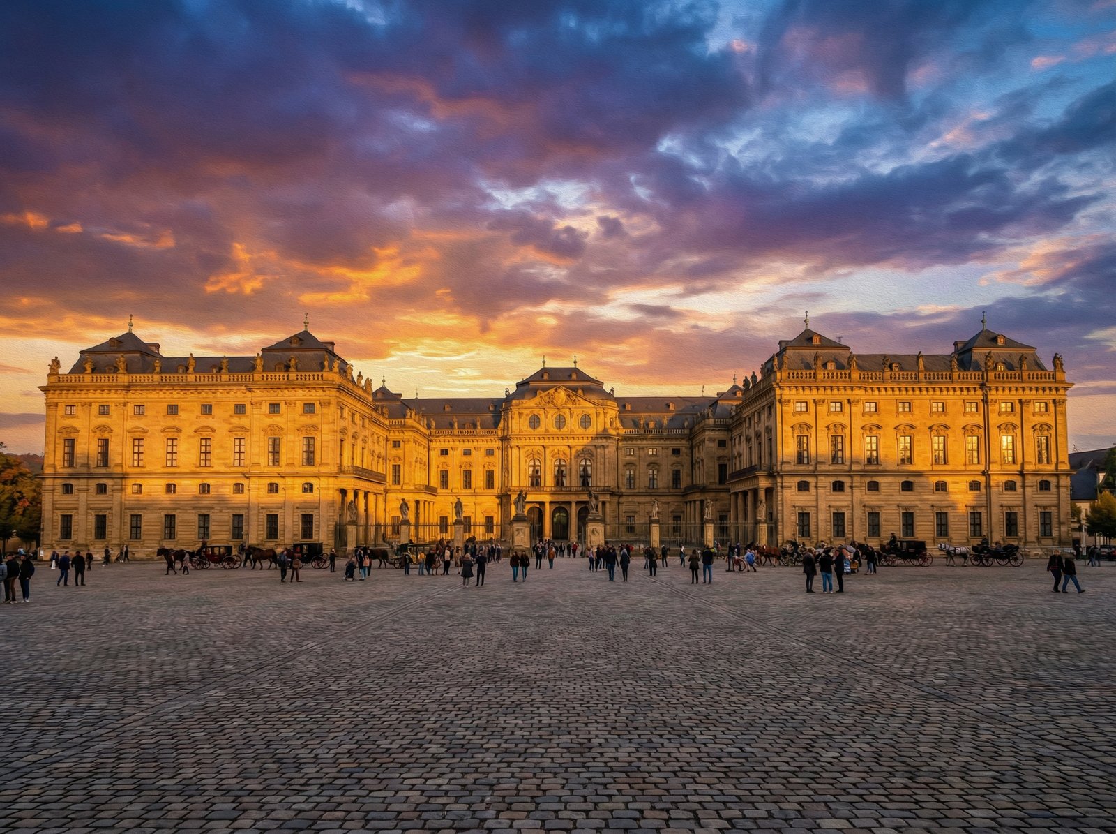 A wide-angle exterior shot of the Würzburg Residence in Germany at sunset, Baroque architecture palace with a large cobblestone square in front, warm golden lighting, high contrast, artistic rendering, 4:3 aspect ratio, no text.