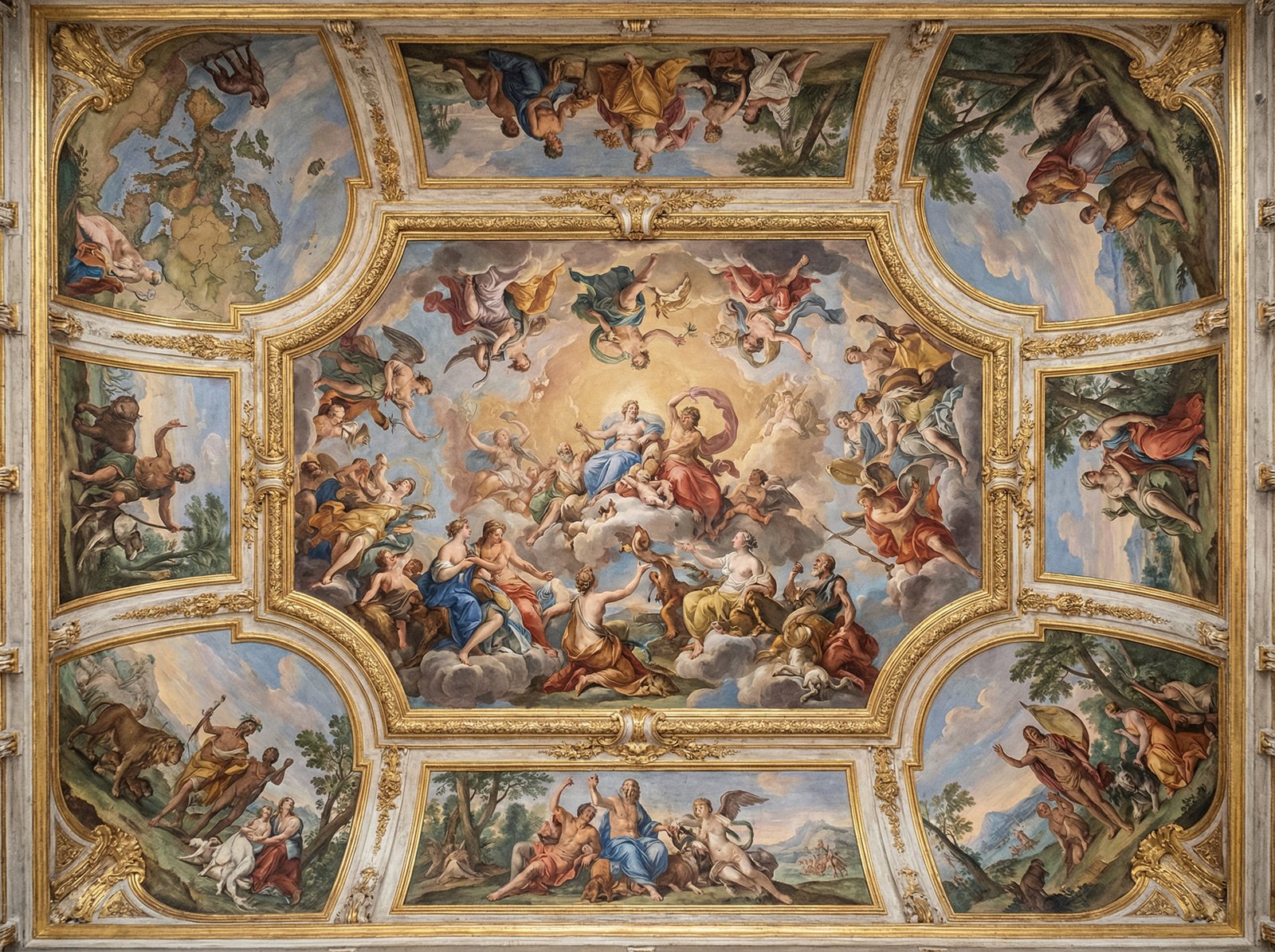 A detailed view of a Baroque palace ceiling fresco featuring classical figures and allegories of continents, soft bright lighting, intricate details, artistic rendering, 4:3 aspect ratio, no text.