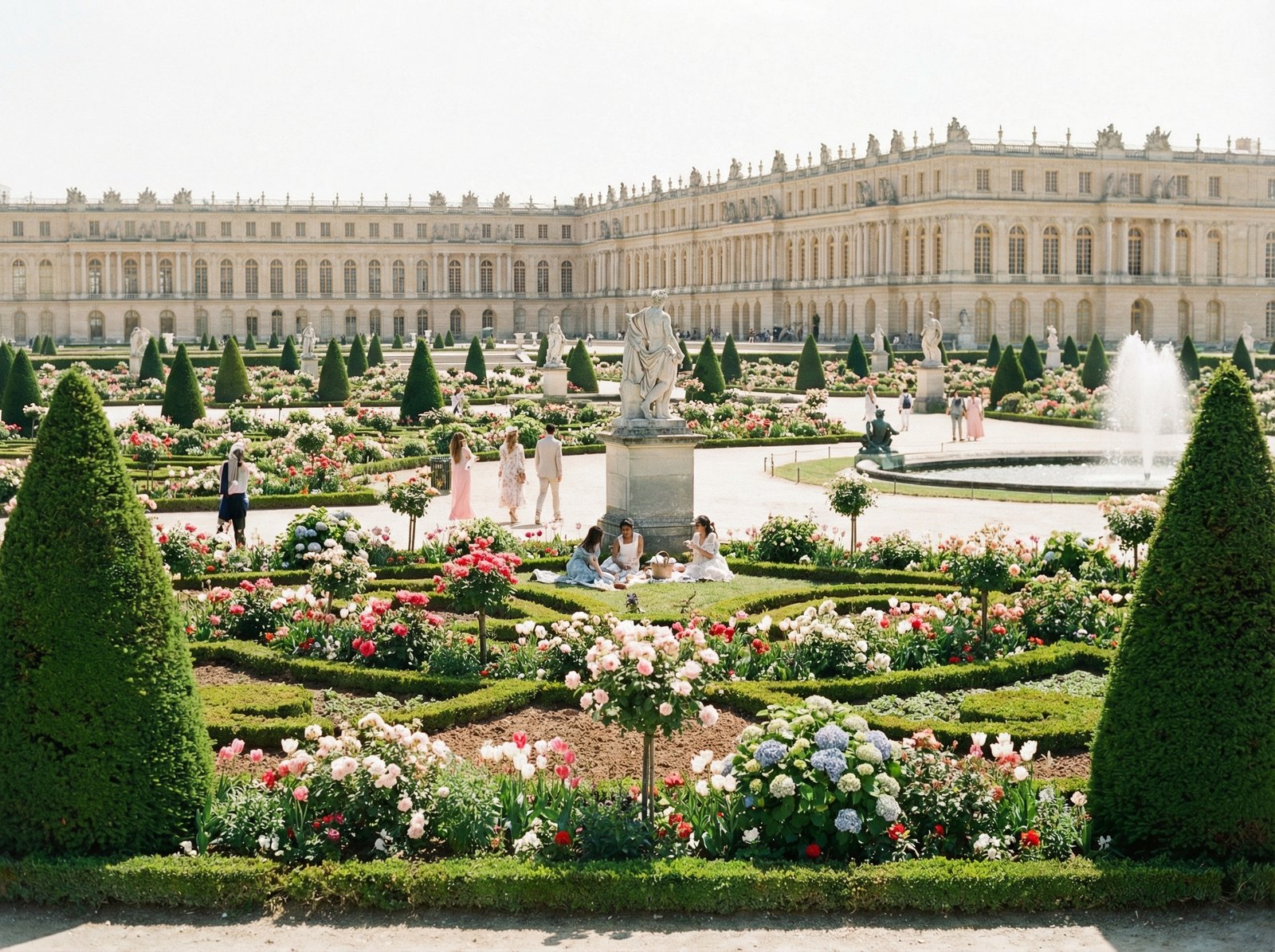 Well-manicured Baroque garden with symmetrical hedges, classical stone statues, and blooming flower beds, the palace facade in the background, bright daylight, lifestyle photography, 4:3 aspect ratio, no text.