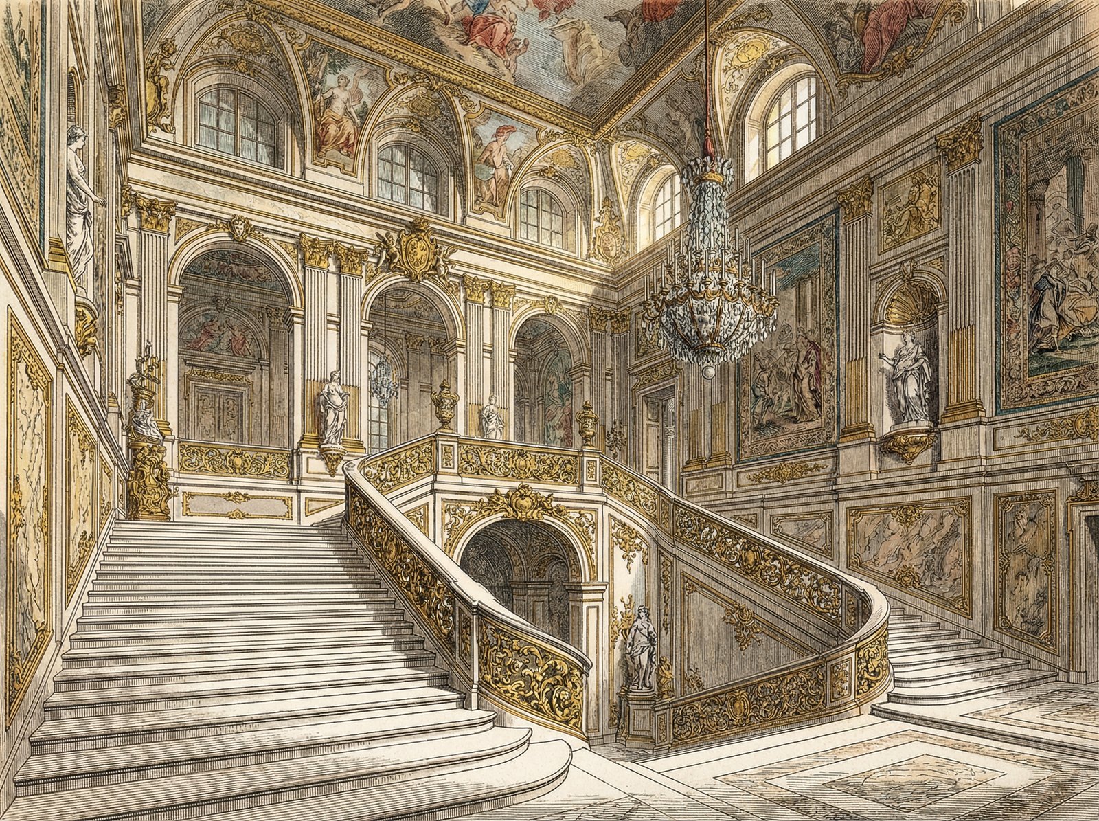 Grand staircase of a Baroque palace with ornate gold decorations and white marble steps, bright natural light coming from high windows, luxury interior, history/culture style illustration, 4:3 aspect ratio, no text.