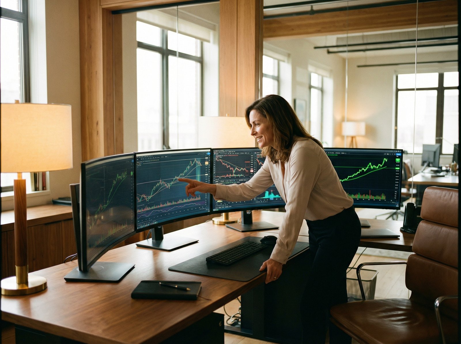 A professional trader analyzing a rising stock chart of Amazon on multiple sleek computer monitors in a modern office with warm lighting, 4:3, high quality, no text
