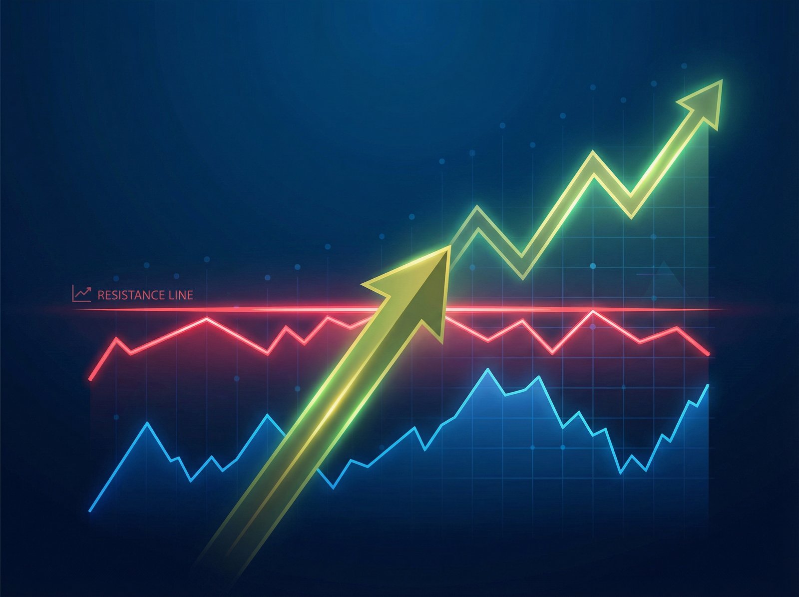 A symbolic representation of a stock price breaking through a resistance line, ascending arrow glowing against a dark blue background with digital grid patterns, 4:3, clean infographic style, no text