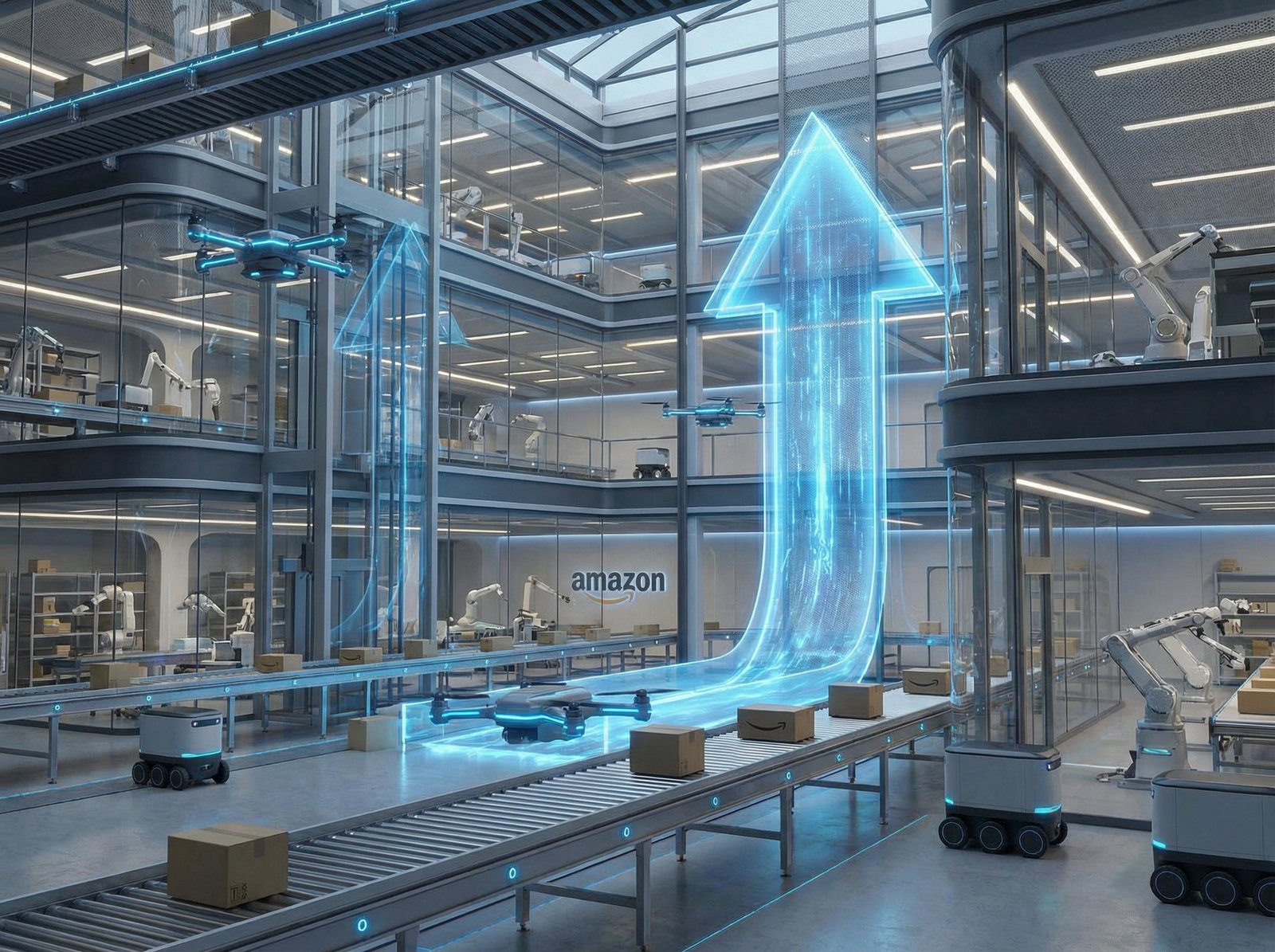A futuristic Amazon delivery hub with automated robots and a glowing arrow pointing upwards, representing business growth and efficiency, 4:3, professional 3D rendering, no text