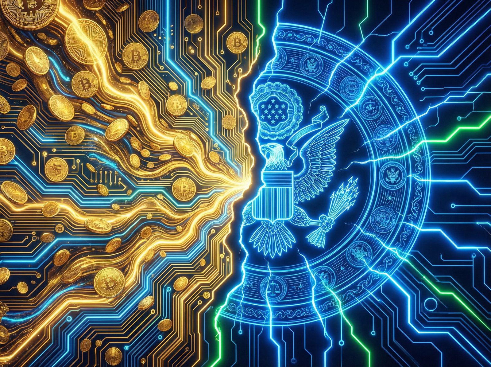 An abstract composition of golden coins and circuit patterns on one side, and a blue legal seal on the other side, glowing neon accents, 4:3 aspect ratio, no text.