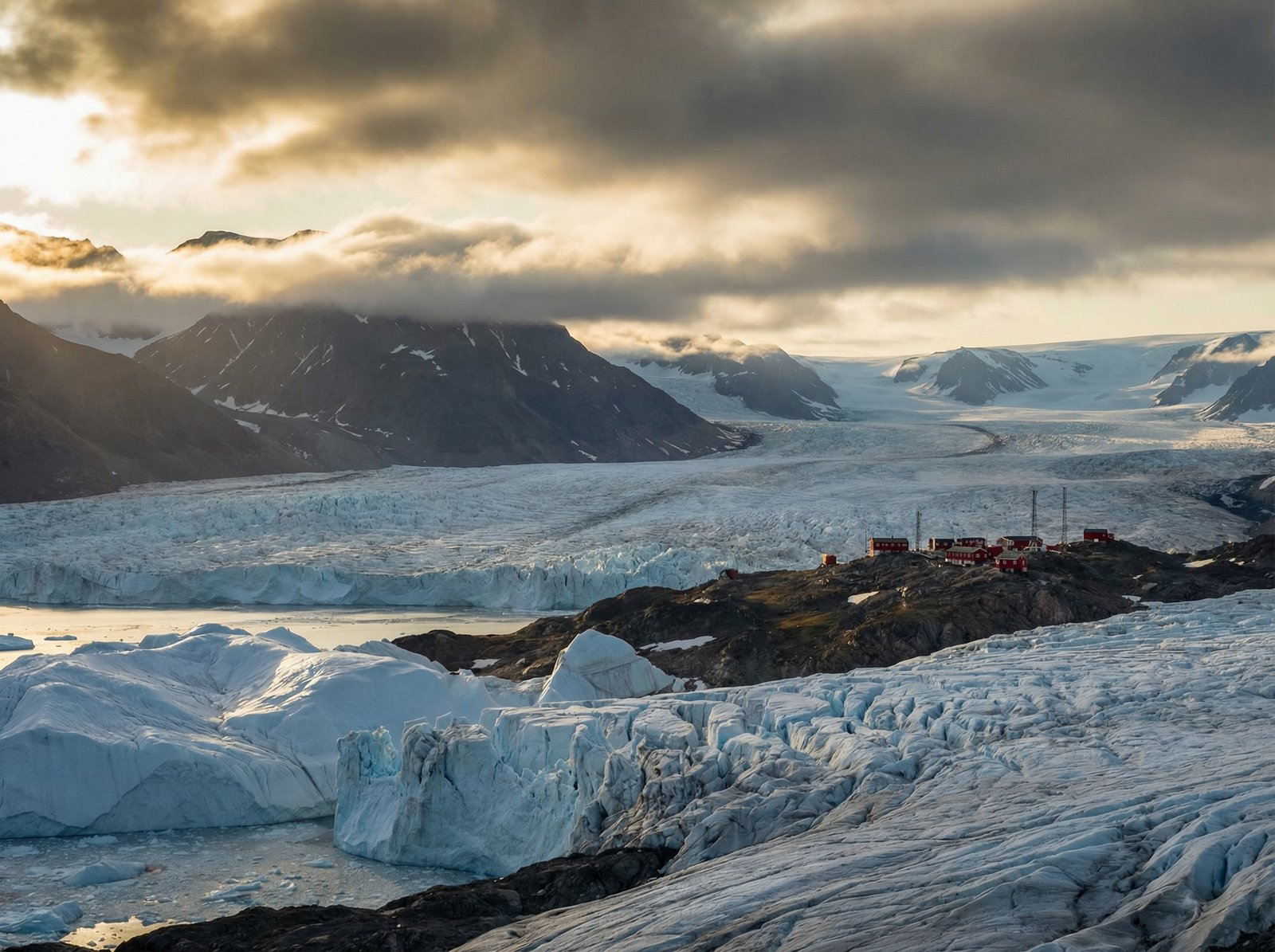 A wide-angle landscape shot of Greenland's icy coast with a small distant research station, dramatic arctic lighting, high contrast, 4:3 aspect ratio, no text