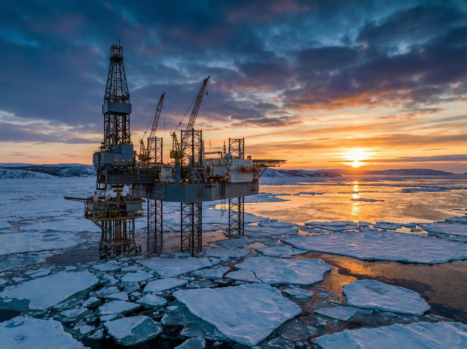 Modern oil rig platform in the icy Arctic ocean, sunset lighting, high detail, industrial photography, 4:3 aspect ratio, no text