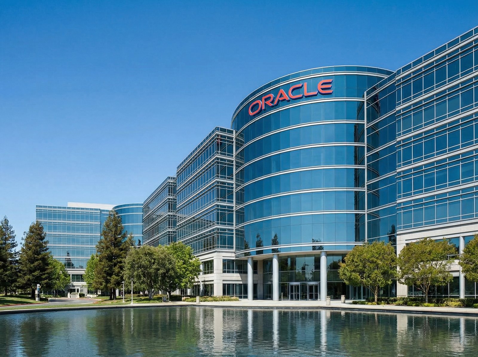 A professional and modern photograph of a large corporate office building with the Oracle logo, daytime, bright sunny sky, high-end architecture, 4:3 aspect ratio, no text.