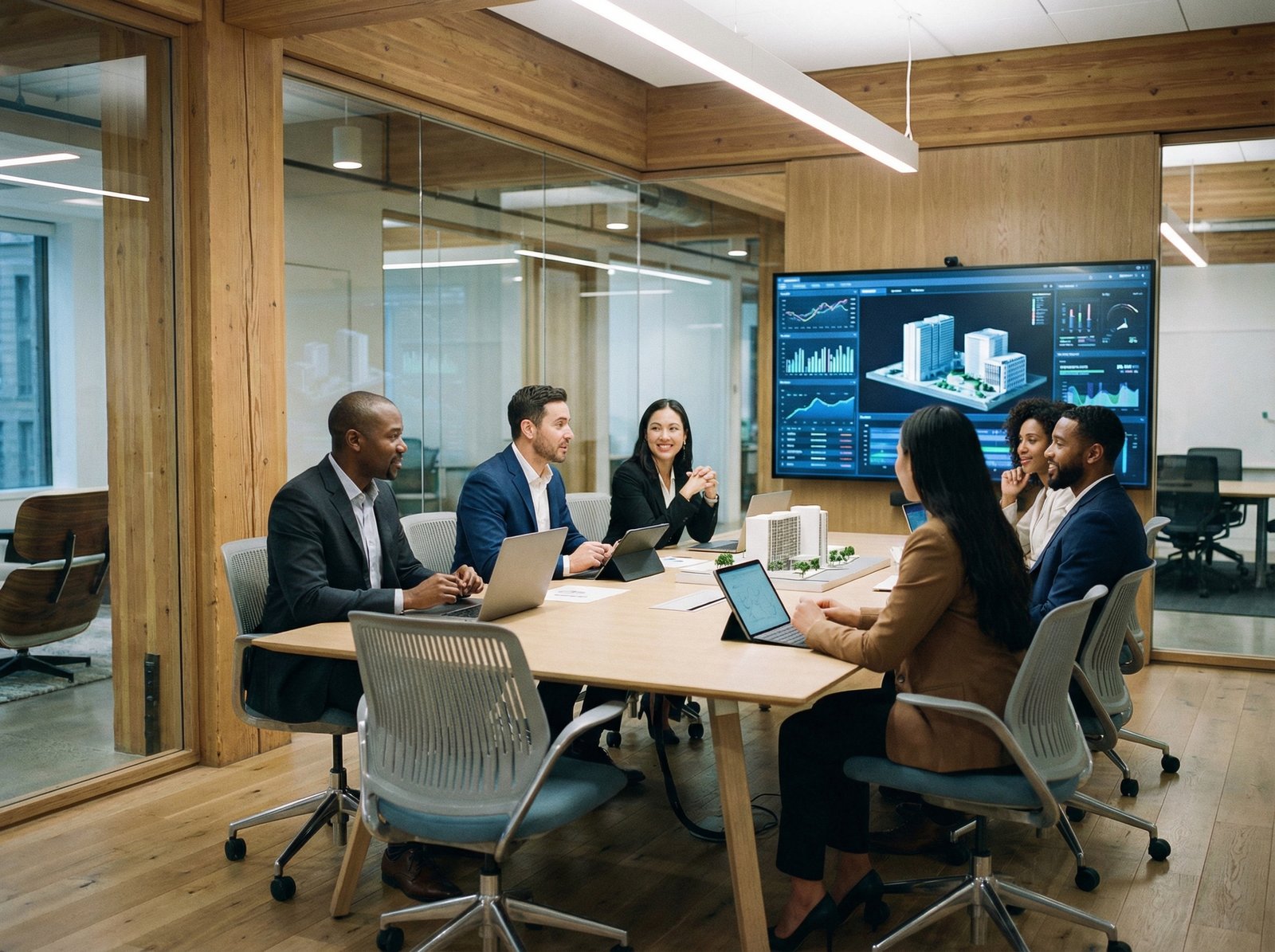 A professional board room setting with diverse business executives discussing technology, modern interior, professional lighting, realistic style, 4:3 aspect ratio, no text.