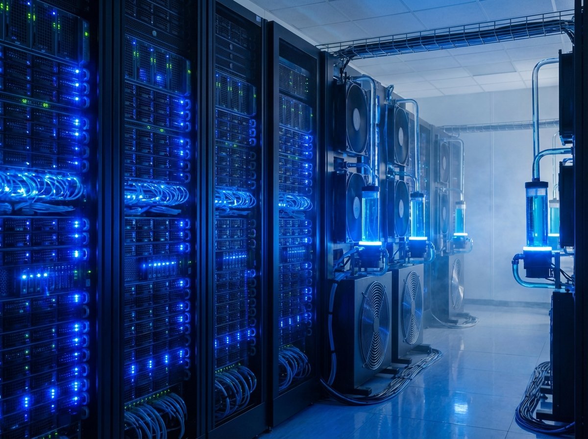 A high-tech server room with glowing blue lights and advanced cooling systems, representing AI infrastructure and cloud computing, realistic photography, 4:3 aspect ratio, no text.