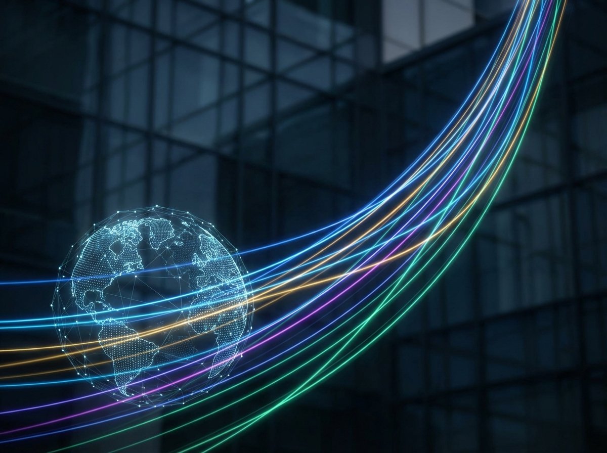 An abstract representation of business growth and digital transformation with glowing lines and a modern globe, professional aesthetic, vibrant colors, 4:3 aspect ratio, no text.