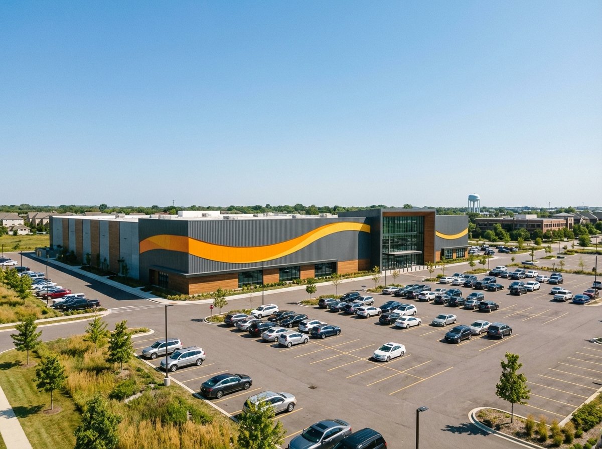 A realistic wide shot of a modern large-format retail building inspired by Amazon's branding, located in a suburban Chicago setting with a large parking lot, daytime, clear sky, 4:3 aspect ratio, no text.