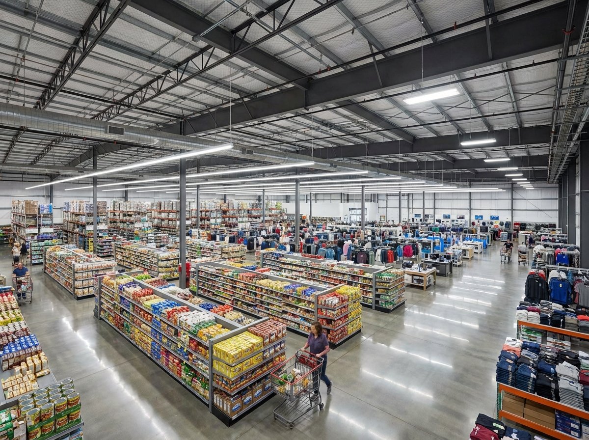 Interior of a vast, modern big-box retail store with organized aisles of groceries and general merchandise, high ceilings, bright lighting, realistic style, 4:3 aspect ratio, no text.