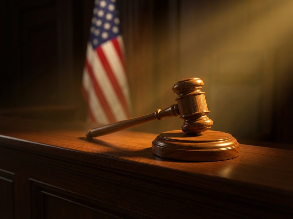 A professional high-angle shot of a wooden judge's gavel resting on a sound block in a courtroom setting. In the background, a blurred United States flag is visible. The lighting is cinematic and serious, representing a significant legal decision. Aspect ratio 4:3, no text.