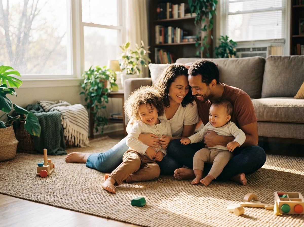 A warm and natural lifestyle photograph of a diverse young family with small children playing together in a cozy living room. The scene conveys a sense of security and support. Natural sunlight streaming through the window, soft focus background. Aspect ratio 4:3, no text.