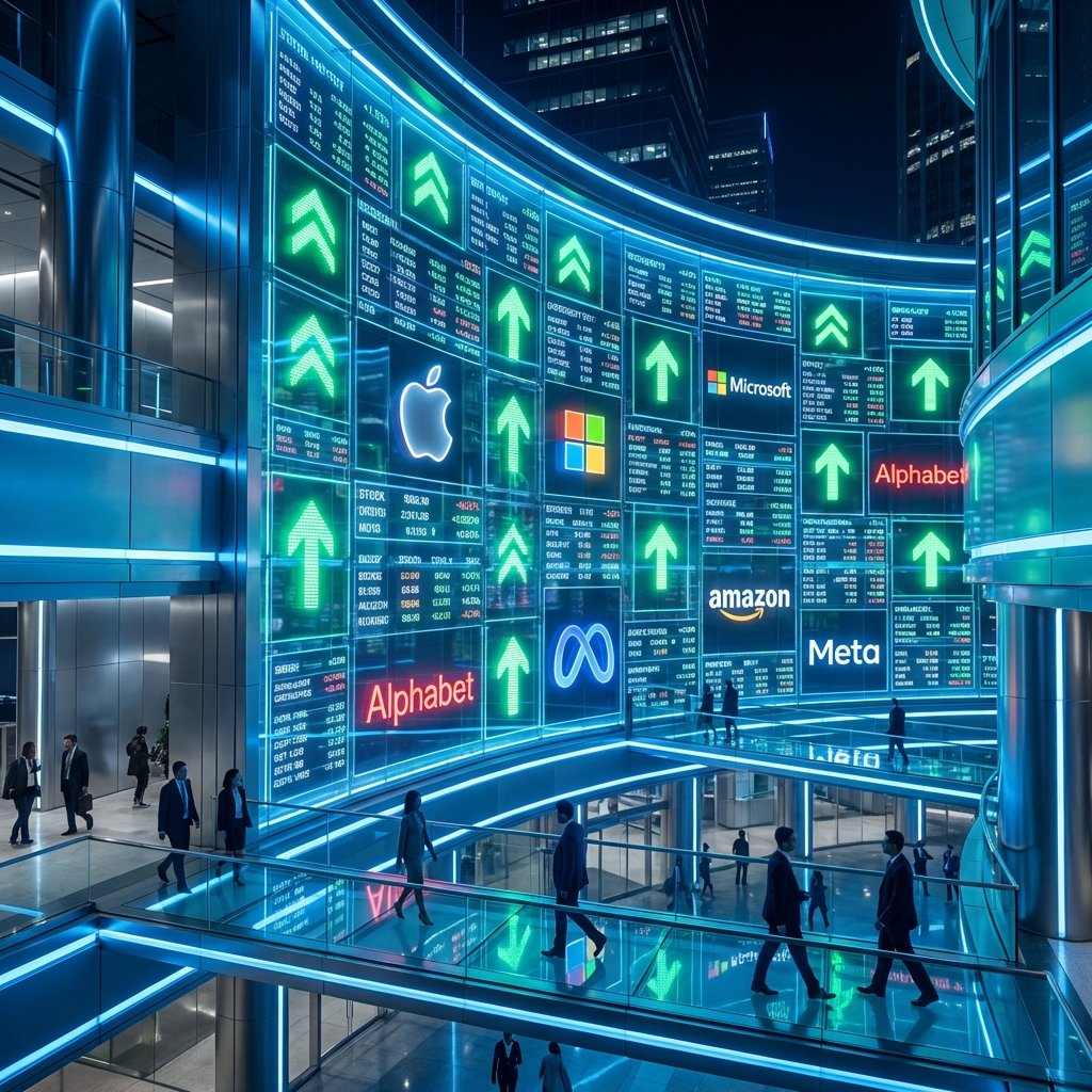 A vibrant digital display of global stock market indices with glowing upward green arrows and logos of major technology companies in a futuristic financial hub, 1:1, no text, high contrast