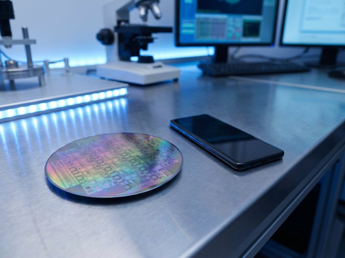 A high-tech semiconductor wafer placed next to a sleek modern smartphone on a reflective laboratory table with cool blue lighting, 4:3, no text, realistic photography
