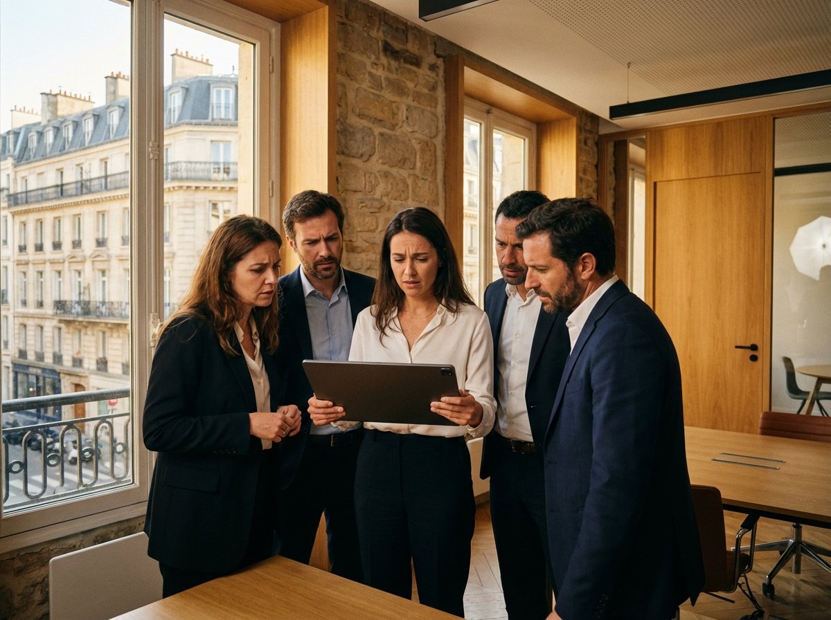 A group of professional business people in a modern French office setting looking at a digital tablet with concerned expressions. Warm lighting, realistic photography style, 4:3 aspect ratio, no text.