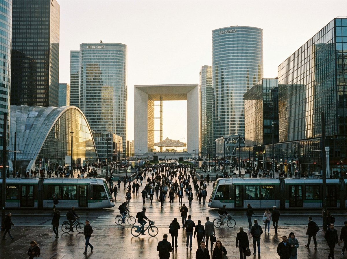 A bustling morning scene in the La Defense business district of Paris with people walking towards modern skyscrapers. Soft morning sunlight, high-quality urban photography, 4:3 aspect ratio, no text.