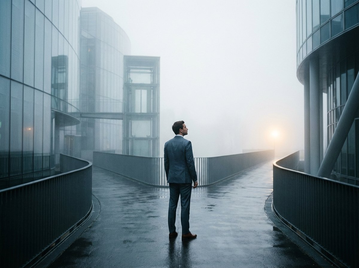 A symbolic image of a businessman standing at a crossroad in a misty, modern landscape, looking toward a faint light in the distance. Professional and artistic style, 4:3 aspect ratio, no text.
