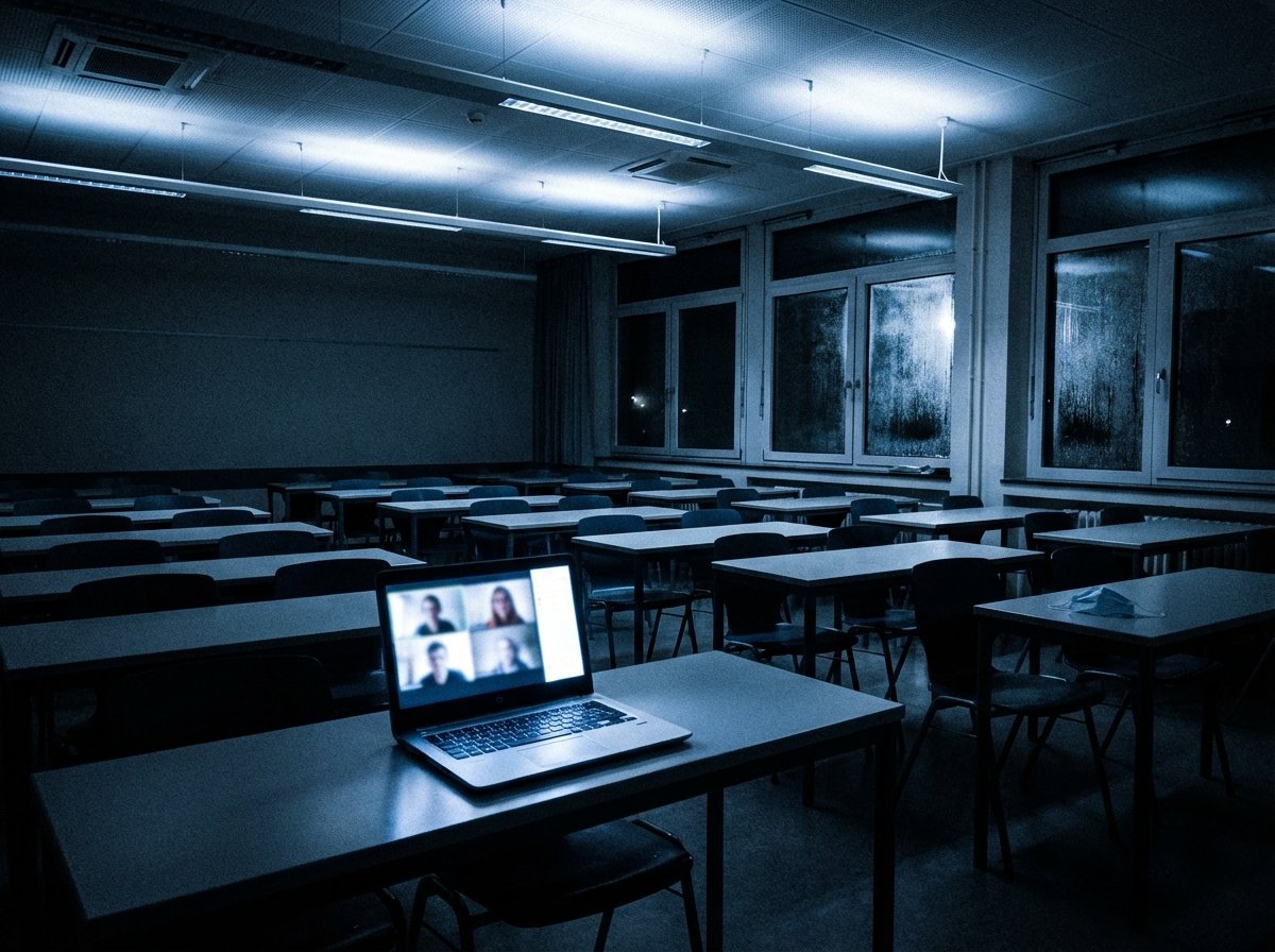 An empty classroom with a single glowing laptop on a desk showing a video call, cold lighting, metaphorical representation of pandemic isolation, high contrast, 4:3 aspect ratio, no text