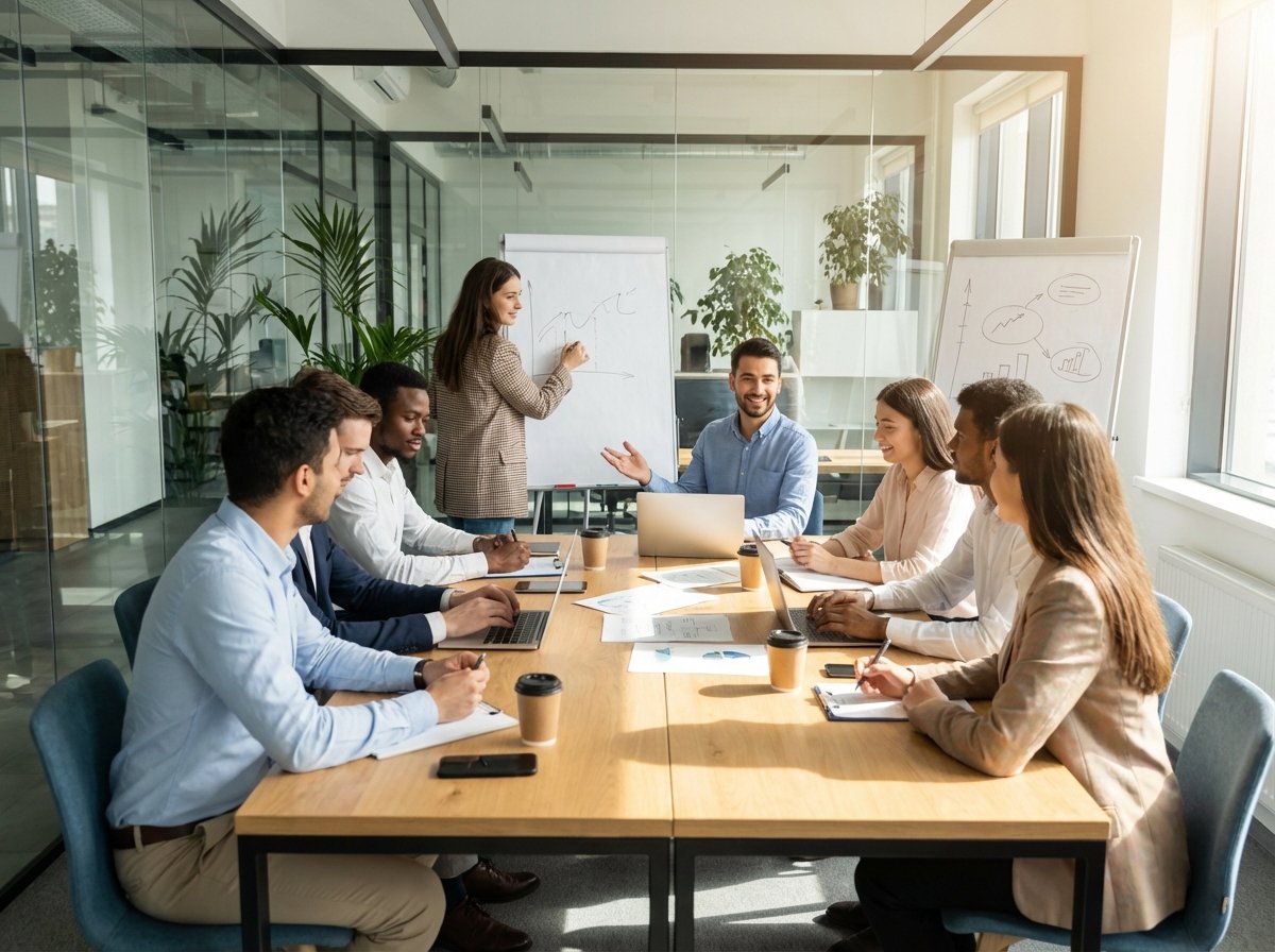 A diverse group of young office workers in a modern meeting room participating in a communication workshop, professional and bright atmosphere, realistic lifestyle photography, 4:3 aspect ratio, no text