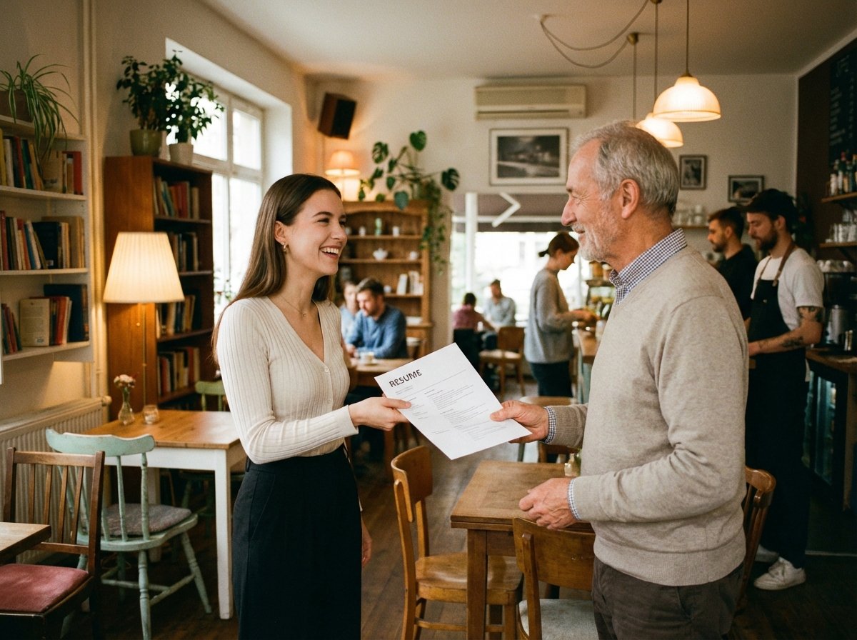 A confident young person smiling and handing a paper resume to a friendly shop manager inside a cozy local cafe, warm lighting, natural interaction, 4:3 aspect ratio, no text