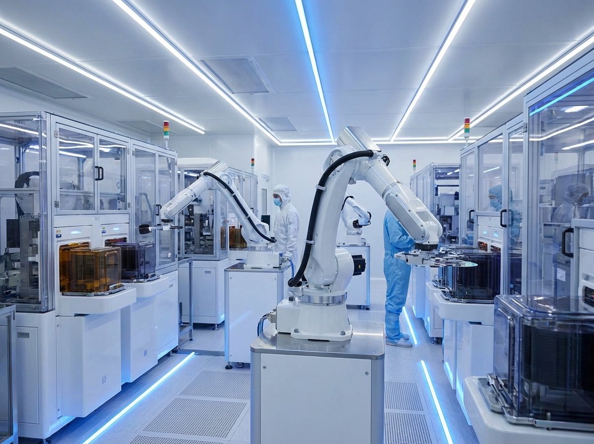 A sleek and modern semiconductor cleanroom with robotic arms and advanced manufacturing equipment, futuristic lighting with white and silver tones, 4:3 aspect ratio, sharp focus, no text