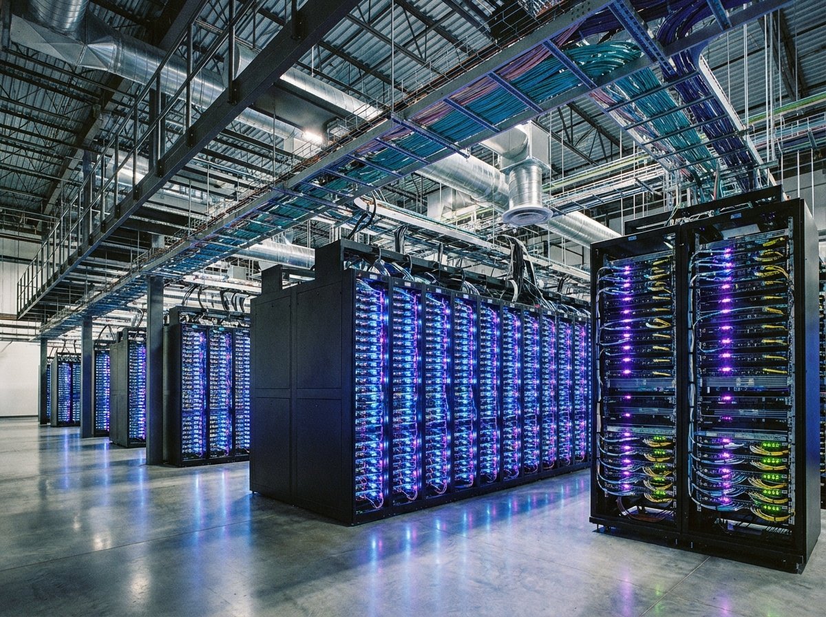 Interior of a massive modern data center with glowing server racks, neat cable management, blue and purple ambient lighting, high-tech infrastructure, 4:3 aspect ratio, detailed composition, no text