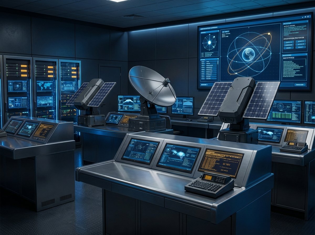 Realistic high-tech satellite and military communication equipment, modern defense technology, sleek design, cinematic lighting, no text, 4:3