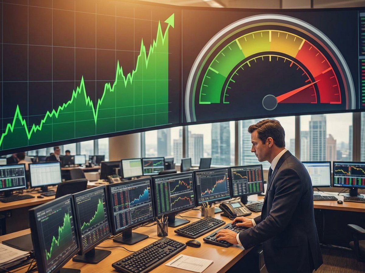 Stock market dashboard showing a rising green line and a technical indicator needle pointing to a red zone, financial professional environment, no text, 4:3