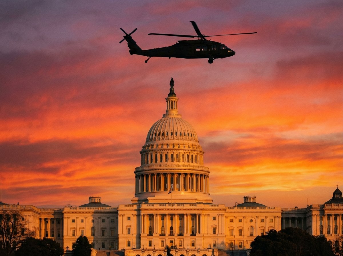 Washington D.C. Capitol building background with a military helicopter silhouette in the sky, sunset lighting, professional photography style, no text, 4:3