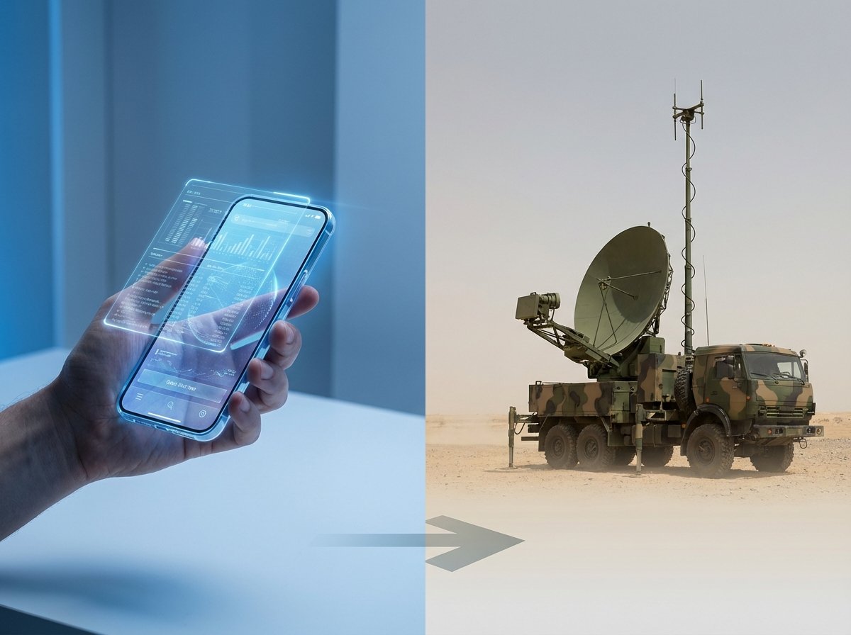 Side-by-side concept with a high-tech smartphone on one side and a defense radar system on the other, representing the shift from tech to defense stocks, clean background, no text, 4:3
