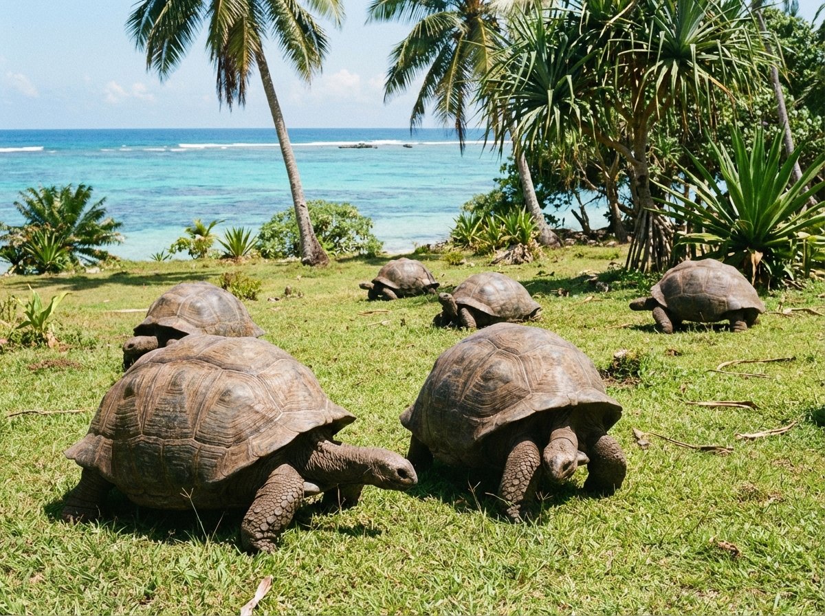 A group of giant Aldabra tortoises grazing on a lush green landscape with turquoise ocean in the background, bright sunny day, realistic photography, 4:3