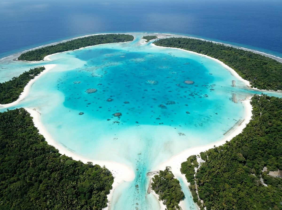 High angle aerial view of a large coral atoll with crystal clear turquoise lagoon in the center, surrounding white sand and dark green vegetation, 4:3