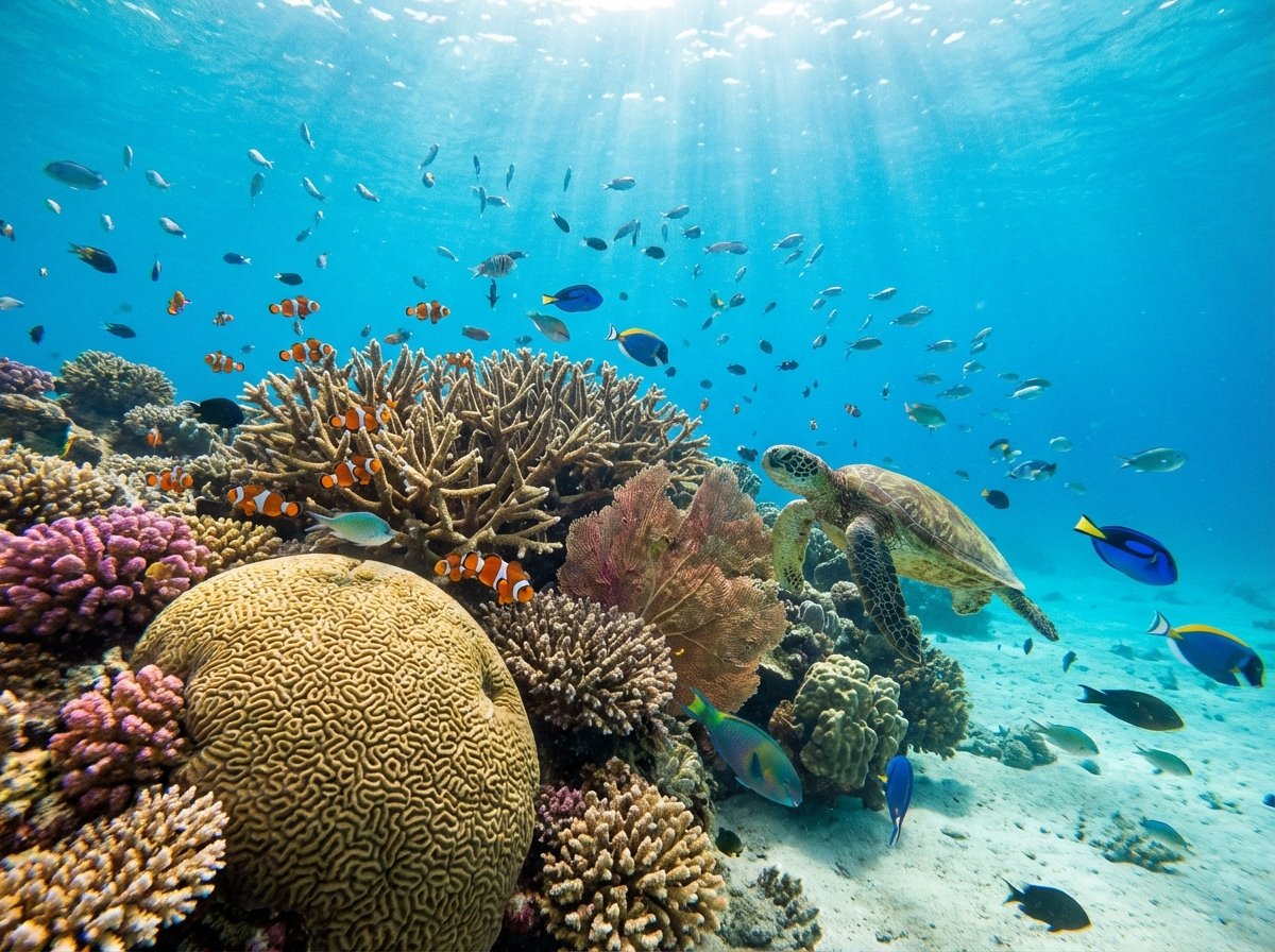 Underwater shot of vibrant coral reefs with schools of colorful tropical fish and a sea turtle swimming by, clear blue water, 4:3