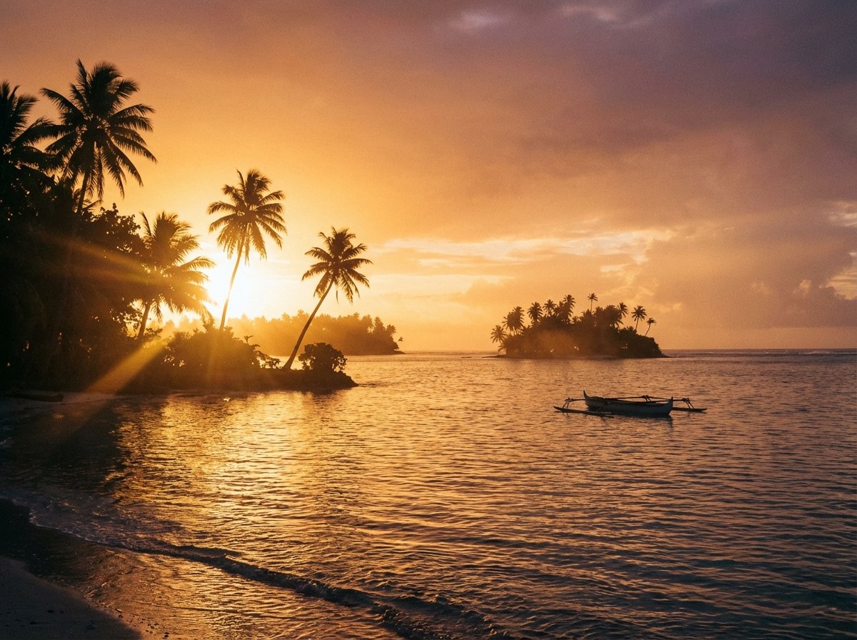 Golden hour sunset over a tropical atoll with calm ocean waves and silhouettes of palm trees, warm lighting, atmospheric, 4:3