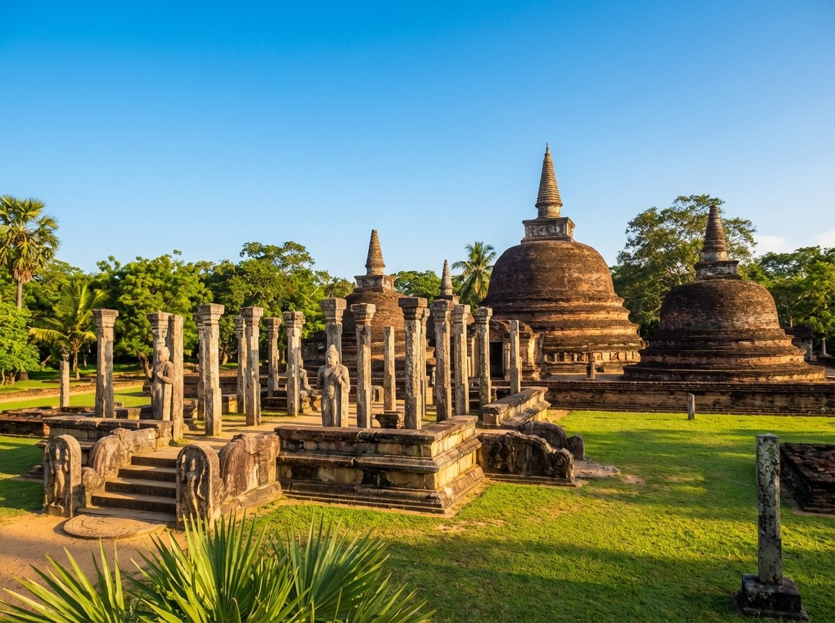 Panoramic view of the Ancient City of Polonnaruwa ruins in Sri Lanka, ancient stone pillars and stupas under a clear blue sky, lush greenery surrounding the site, cinematic lighting, 4:3 aspect ratio, high resolution, no text.