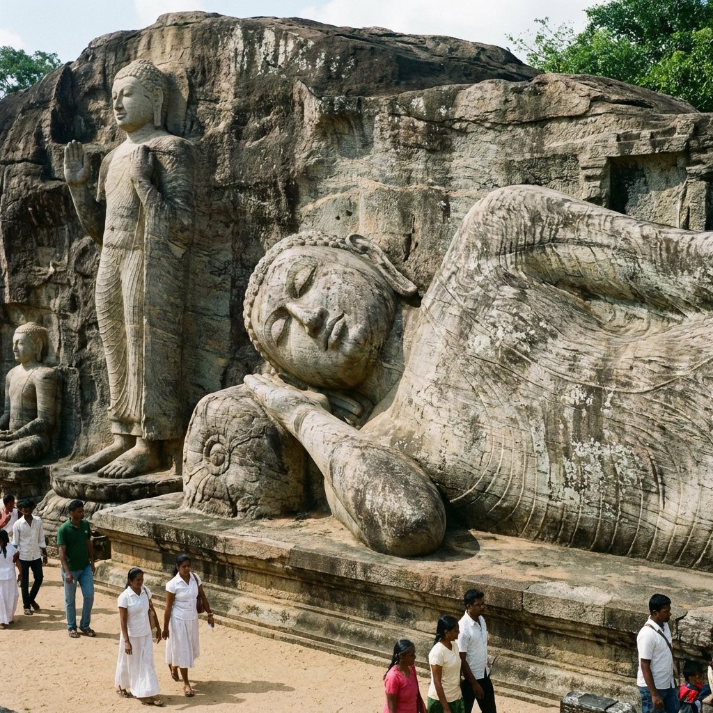 The magnificent Gal Vihara rock temple in Polonnaruwa, massive reclining Buddha statue carved into a single granite rock, serene expression, historical stone texture, daylight, 1:1 aspect ratio, high detail, no text.