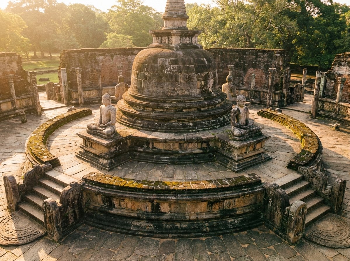 The ancient Vatadage circular temple in the Quadrangle area of Polonnaruwa, intricate stone carvings and seated Buddha statues, historical architecture, warm golden hour lighting, 4:3 aspect ratio, detailed composition, no text.