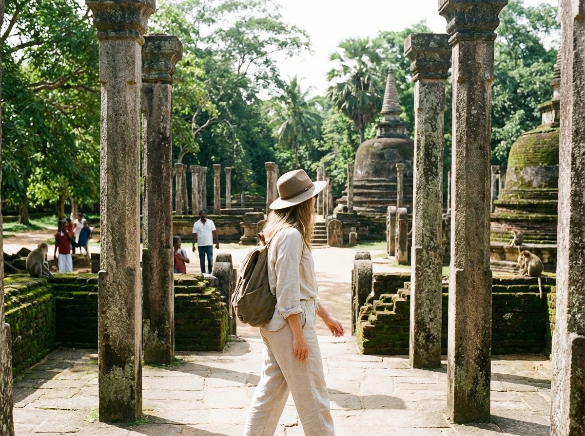 A traveler wearing a hat and light clothing walking through ancient stone pillars of Polonnaruwa, ruins stretching into the distance, lush tropical trees, bright natural lighting, 4:3 aspect ratio, lifestyle photography, no text.