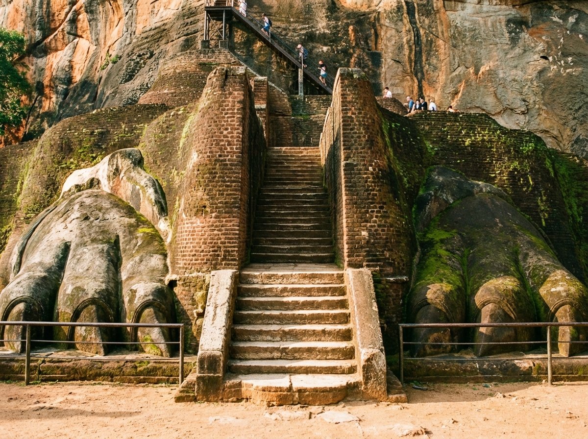 Close-up of the famous Lion Paws entrance at Sigiriya, Sri Lanka, weathered ancient stone steps leading up between two massive lion paws carved into the rock, tourists climbing in the distance, warm natural lighting, historical site photography style, 4:3 aspect ratio, no text.