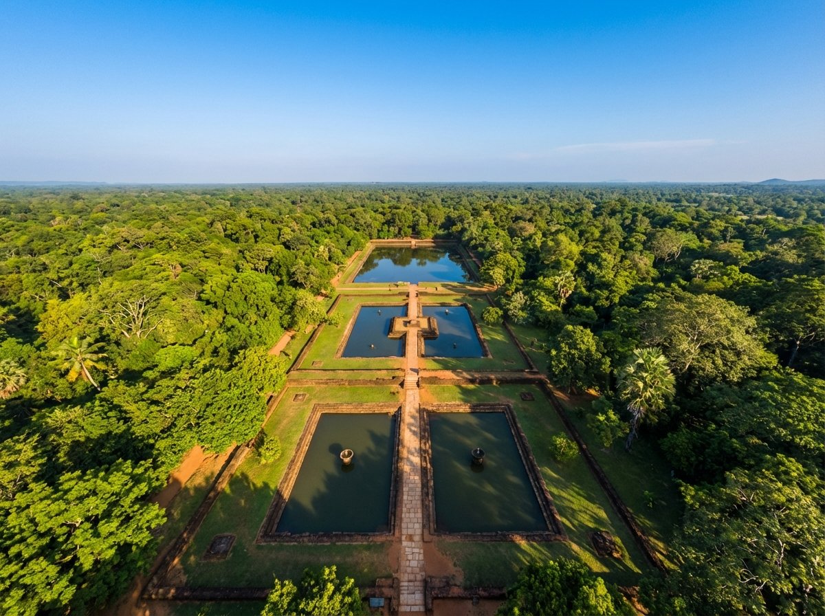 High angle view from the top of Sigiriya rock looking down at the ancient water gardens and surrounding jungle, symmetrical layout of pools and paths, vibrant green landscape, clear blue sky, high detail aerial perspective, 4:3 aspect ratio, no text.