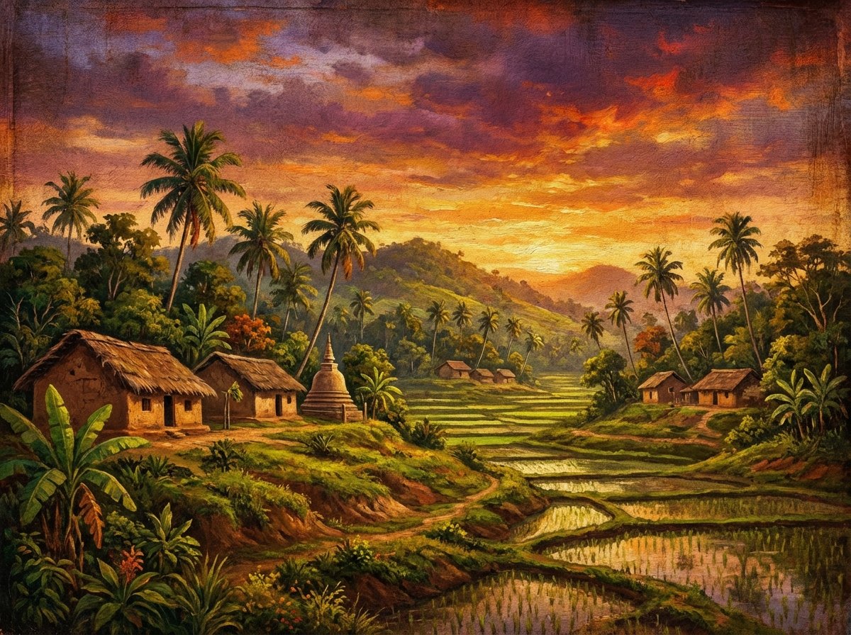 A wide landscape of the Sri Lankan countryside during sunset, lush tropical vegetation, traditional structures blending with nature, warm orange and purple hues in the sky, artistic rendering, textured background, 4:3 aspect ratio, no text.