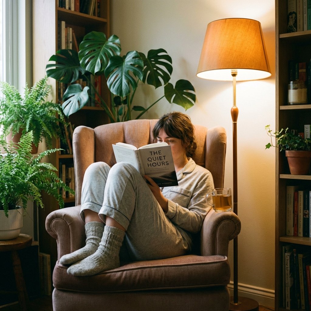A person sitting in a cozy armchair reading a physical paper book, avoiding digital screens before bed, soft warm lamp light, indoor plants in background, realistic lifestyle setting, 1:1 ratio, no text