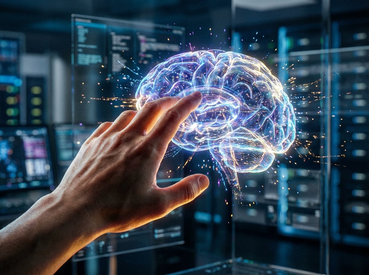 Realistic 3D rendering of a human hand interacting with a glowing holographic AI brain. The atmosphere is serious and high-tech, with subtle warm lighting on the hand to show human elements. 4:3 aspect ratio, no text, visually rich background with soft bokeh.