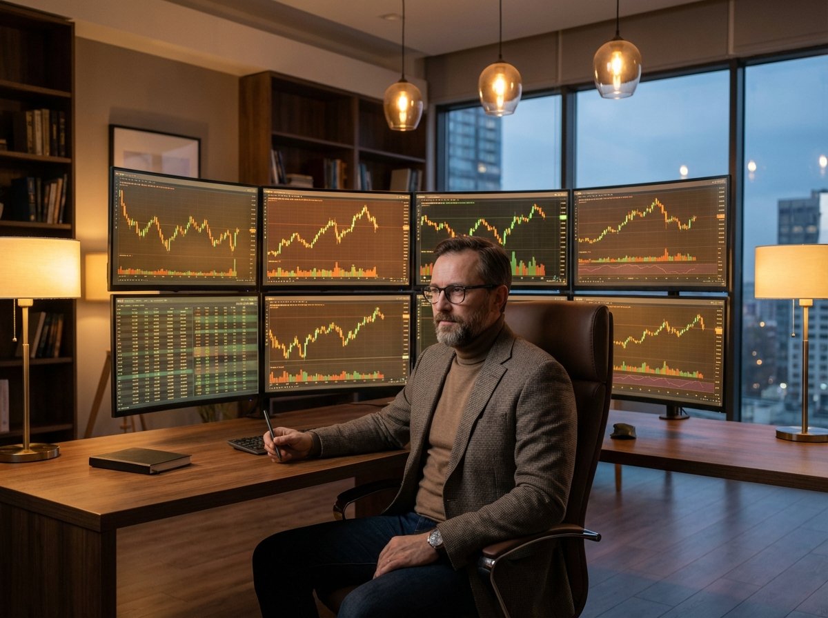 A professional investor looking at multiple screens with financial charts in a warm lit modern office, realistic lifestyle photography, 4:3 aspect ratio, no text.