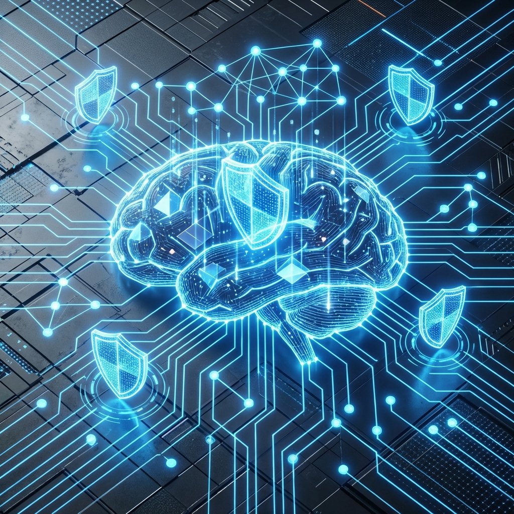 Abstract representation of digital security and artificial intelligence, glowing blue circuits and shield icons, high-tech illustration, textured background, 1:1 aspect ratio, no text.