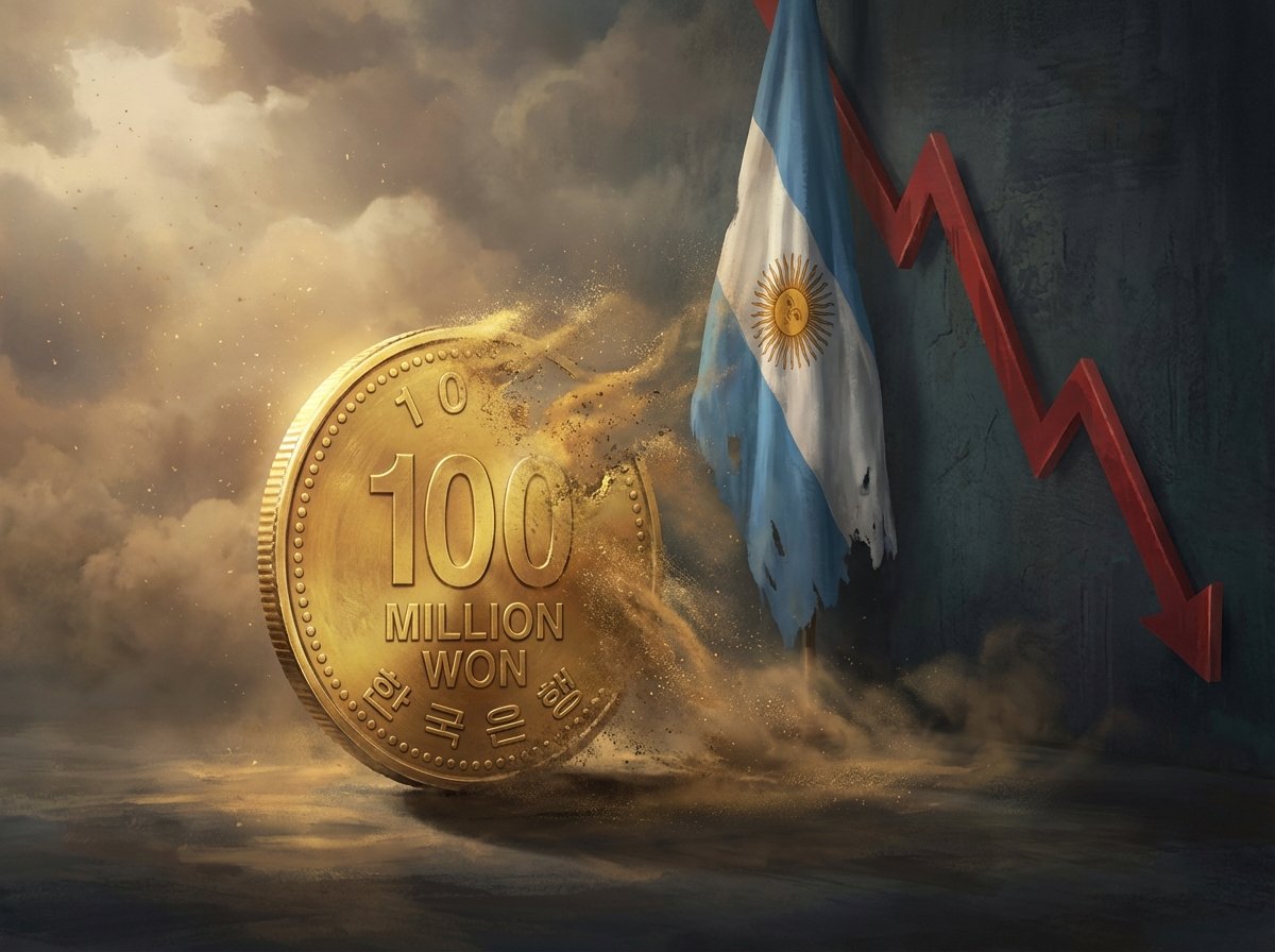 A dramatic conceptual illustration of a golden 100 million won coin slowly dissolving into dust against the backdrop of an Argentine flag and a declining financial chart, cinematic lighting, 4:3