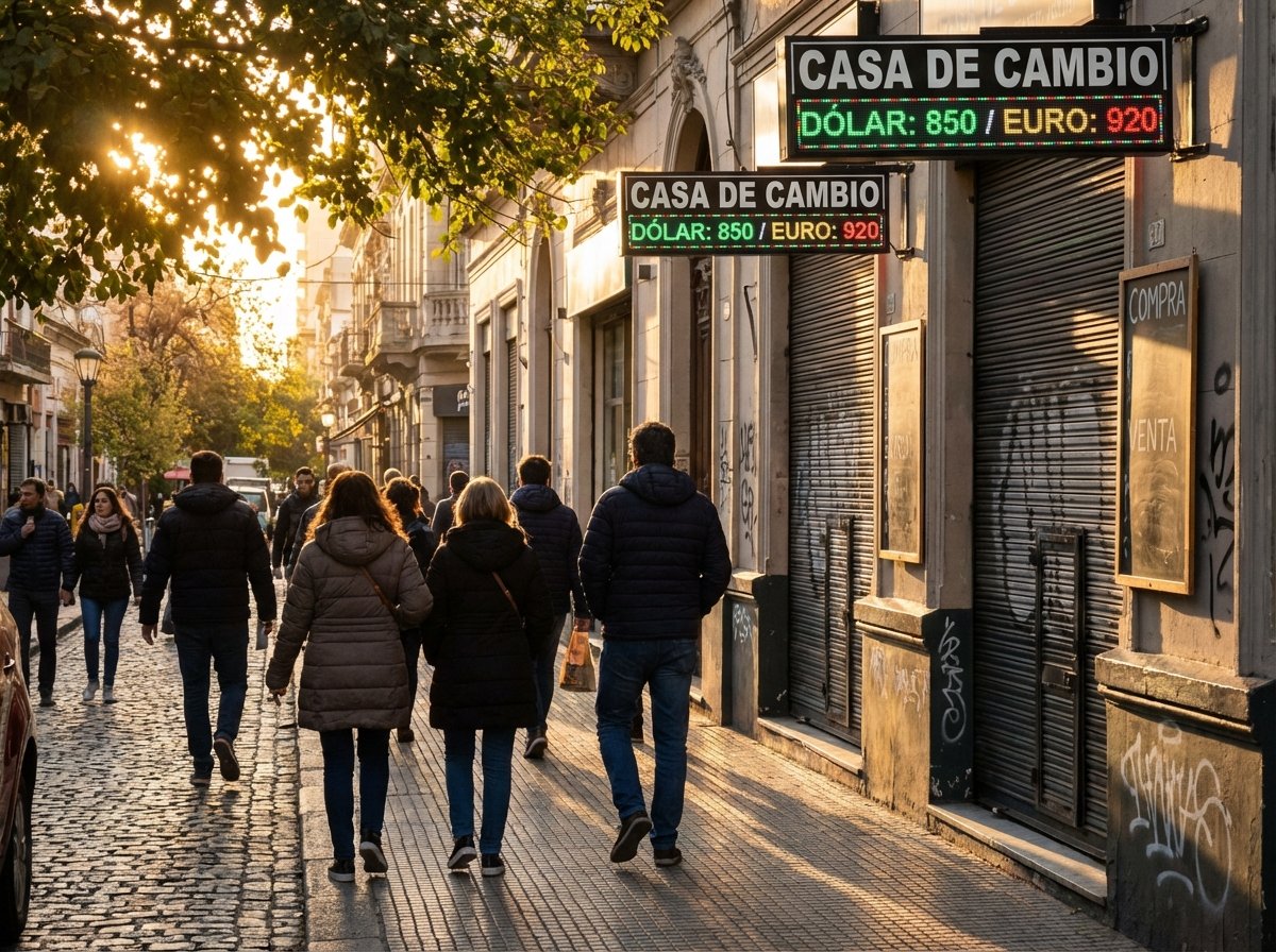 A realistic lifestyle photography of a street in Buenos Aires with people walking past closed shops and currency exchange signs showing high numbers, warm natural lighting, 4:3